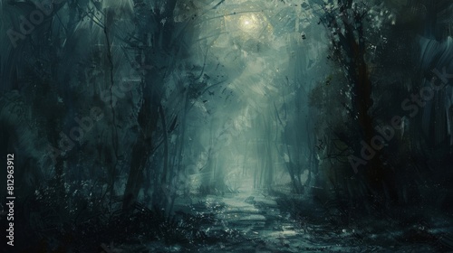 A dark forest with a path through it