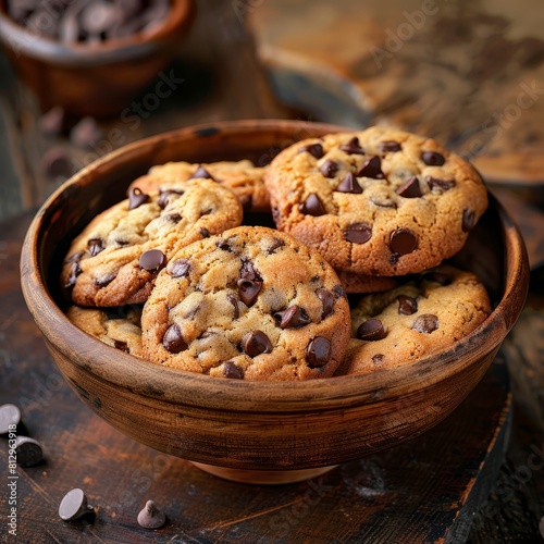 Fresh baked chocolate chip cookies in a wooden bowl 