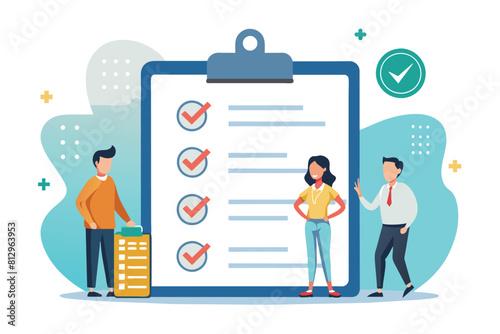Group of individuals gathered around a clipboard with a checklist on it, discussing and reviewing tasks, Team checklist Customizable Disproportionate Illustration