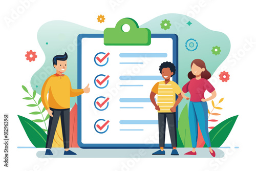 Three individuals stand in front of a clipboard with a checklist, reviewing and discussing its contents, Team checklist Customizable Disproportionate Illustration