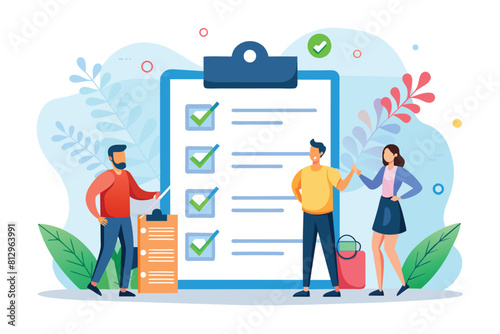 A group of individuals gathered around a clipboard with a checklist, discussing and reviewing the tasks at hand, Team checklist Customizable Flat Illustration