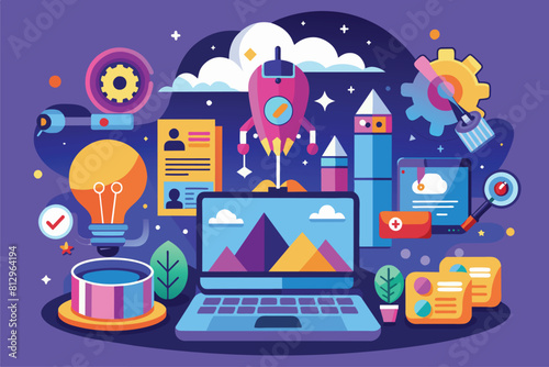 A laptop with a rocket ship model on top, showcasing technology and space exploration, Tech company Customizable Flat Illustration