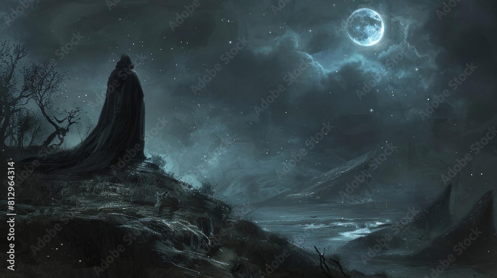 A dark, ominous forest with a large moon in the sky A dark, ominous forest with a large moon in the sky