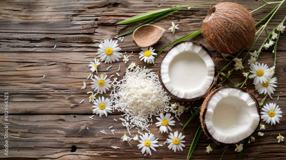 Coconut face mask consisting of coconut milk and yogurt for flawless skin and to moisturize it. Shot of raw coconut cut coconut, milk, and yogurt with some flowers spread on the brown wooden surface. Coconut face mask consisting of coconut milk and yogurt for flawless skin and to moisturize it. Shot of raw coconut cut coconut, milk, and yogurt with some flowers spread on the brown wooden surface.