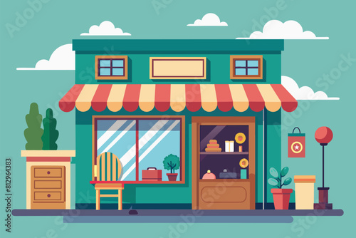 A colorful drawing of a cozy thrift shop with second-hand goods, Thrift shop Customizable Flat Illustration