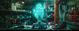 A holographic product display showcasing a pair of glowing cybernetic gloves rising from a podium crafted from salvaged motherboard components in a dimly lit cyberpunk workshop