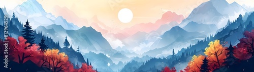 Landscape art flat design top view scenic painting theme cartoon drawing Splitcomplementary color scheme
