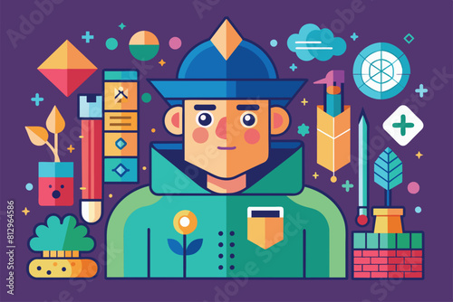 A man wearing a blue hat stands amidst various colorful objects in a vibrant setting, Tiler Customizable Disproportionate Illustration
