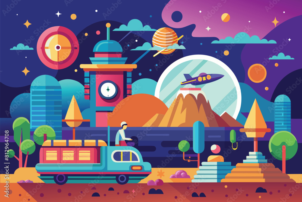A colorful illustration of a bustling city scene with a prominent clock tower standing tall among the buildings, Time travel Customizable Flat Illustration