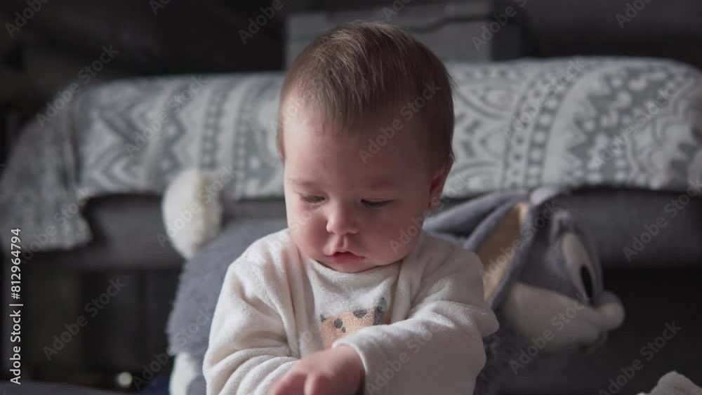 Little baby girl six month old sitting playing in the floor in the living room