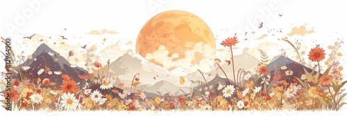 illustration of a beautiful mountain landscape with wildflowers and daisies  with an orange sun setting behind the mountains. 