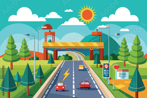 Cars driving on a road with a bridge in the background, Toll road Customizable Cartoon Illustration