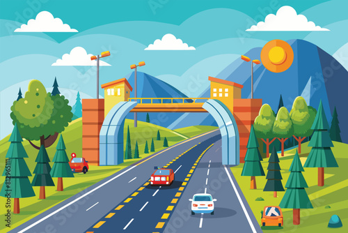 Cartoon scene featuring a highway with a car passing underneath a bridge, Toll road Customizable Cartoon Illustration