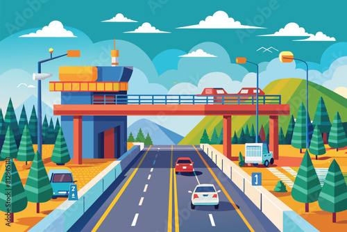 Customizable flat illustration of a highway with a bridge over it, Toll road Customizable Flat Illustration