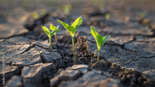 An image of small shoots growing painstakingly on dry surface and cracked land. It is a symbol of hope and vitality in the fight against climate change. 