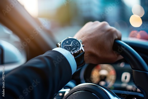 Close-up top view of a businessman wearing an expensive watch in a black suit keeping hand on the steering wheel while driving a luxury car. photo