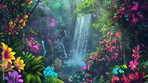 Rainbow orchids in a forest with a waterfall photo