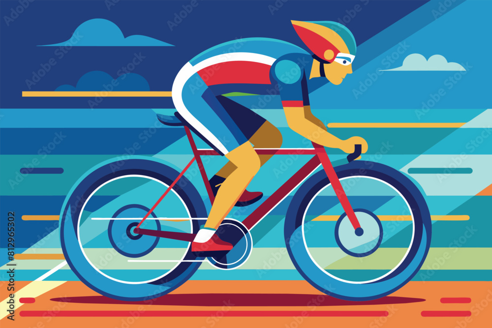 Fototapeta premium A man riding a bike down an urban street on a sunny day, Track cycling Customizable Flat Illustration
