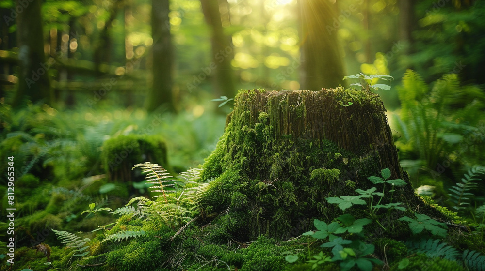 Close up of a stump covered with vibrant green moss in a lush sunlit forest with a soft blurred background Close up of a stump covered with vibrant green moss in a lush sunlit forest with a soft blurred background