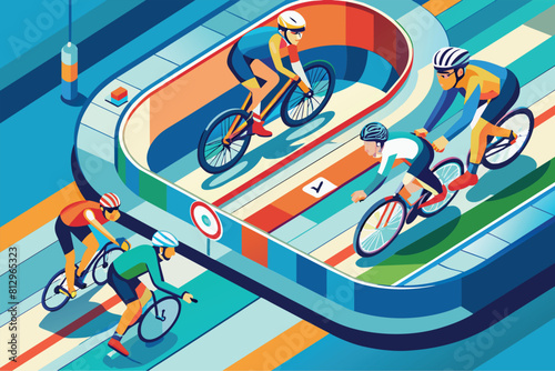 A group of people cycling on bicycles along a track road, Track cycling Customizable Isometric Illustration