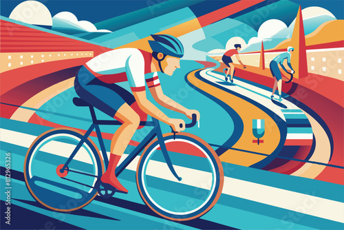 A man is riding a bike down a rural road in this customizable semi flat illustration, Road cycling Customizable Semi Flat Illustration