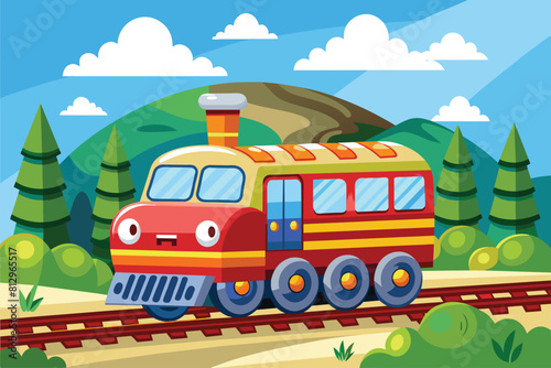 A red train travels down train tracks next to a forest, Train Customizable Cartoon Illustration