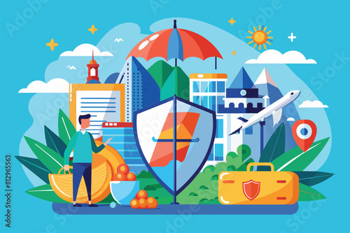 A man stands in front of a shield, with a city visible in the background, Travel insurance Customizable Disproportionate Illustration