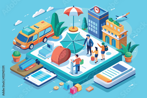 Group of individuals standing together, looking at a tablet screen. One person holds an umbrella above, Travel insurance Customizable Isometric Illustration