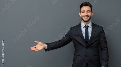 A businessman in a sharp suit stands against a gray background, his arm outstretched in a welcoming gesture, his confident smile inviting and approachable, creating a sense of warmth and hospitality.