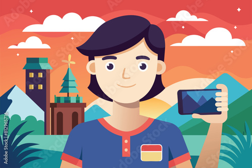 A man standing with a smartphone, capturing a travel selfie in front of a scenic landscape, Travel selfie Customizable Semi Flat Illustration