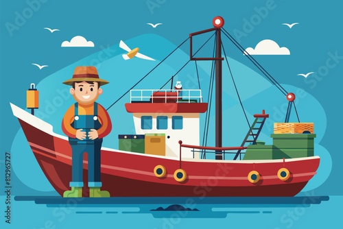 A man is standing in front of a boat, ready for trawl fishing, Trawl fishing Customizable Cartoon Illustration