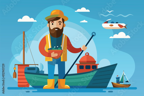 A man standing on a boat in the water, engaged in trawl fishing activities, Trawl fishing Customizable Disproportionate Illustration