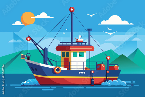 A boat peacefully floating on the calm water surface, Trawl fishing Customizable Flat Illustration photo