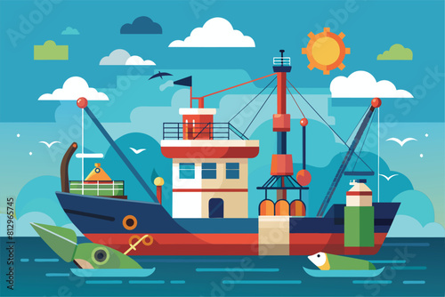 A boat peacefully floating on the calm water surface, Trawl fishing Customizable Flat Illustration