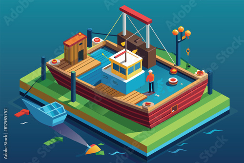 A boat peacefully gliding on the waters surface, Trawl fishing Customizable Isometric Illustration