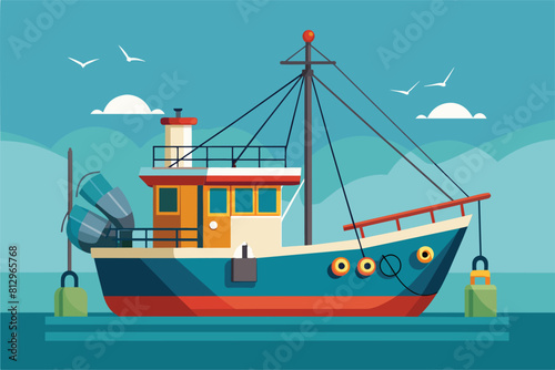A boat peacefully floating on the calm water surface, Trawl fishing Customizable Flat Illustration
