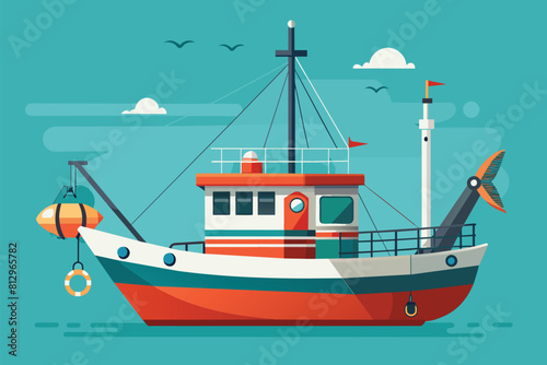 A red and white boat is seen floating on top of the water, Trawl fishing Customizable Semi Flat Illustration