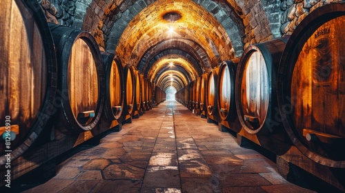 Old french oak wooden barrels in underground cellars for wine aging process, wine making in La Rioja region, Spain