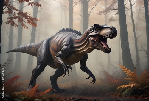 A large  ferocious-looking Tyrannosaurus Rex dinosaur standing in a forest with autumn foliage in the background