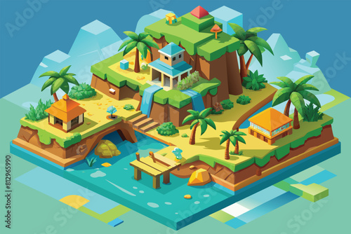 An isometric illustration of a tiny island featuring a house surrounded by lush trees, Tropical island Customizable Isometric Illustration