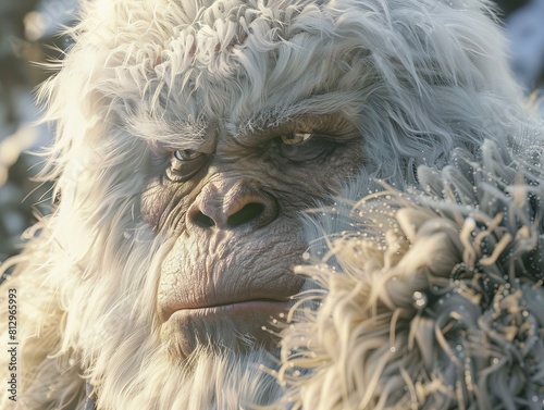 closeup portrait of yeti face, cryptid, legendary mysterious, mythical Himalayan creature