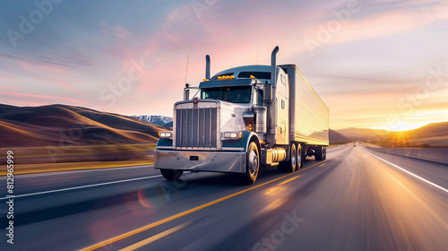 A powerful semi truck speeds down the open road at sunset, delivering dreams.