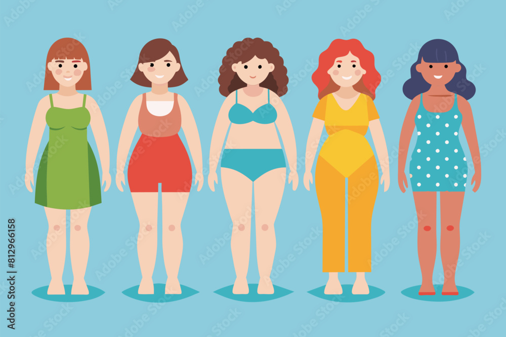 Diverse group of women of various body shapes standing next to each other, Types of female body shapes Customizable Semi Flat Illustration Diverse group of women of various body shapes standing next to each other, Types of female body shapes Customizable Semi Flat Illustration
