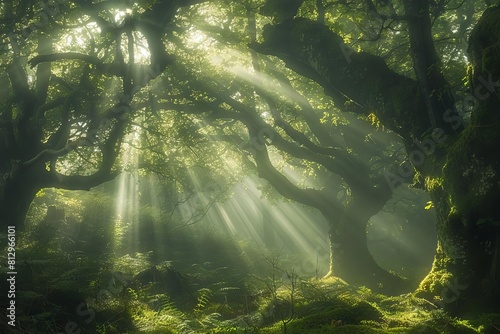 magical sunbeams piercing through ancient forest canopy creating enchanting play of light and shadow nature photography