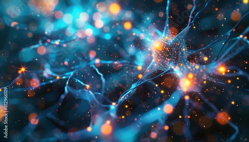 A microscopic view of a network of neurons, with data flowing through the connections, symbolizing the intricate biological processes that inspire AI