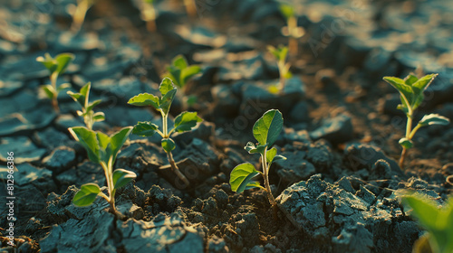 An image of small shoots growing painstakingly on dry surface and cracked land. It is a symbol of hope and vitality in the fight against climate change.  photo