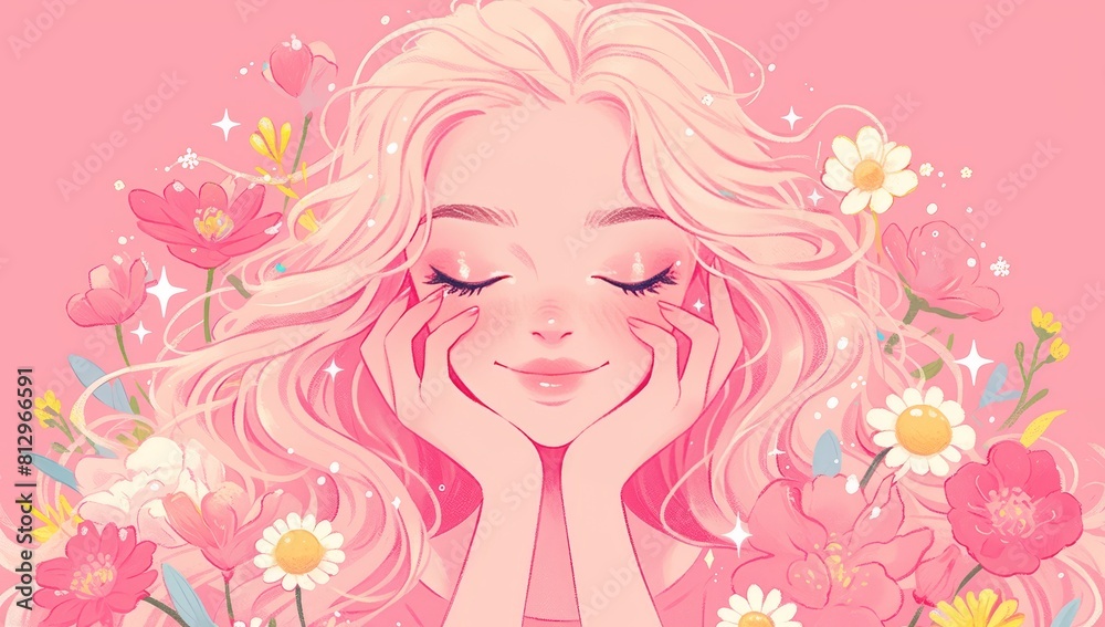 Beautiful woman's face in the style of watercolor, pastel colors, vector illustration on a pink background