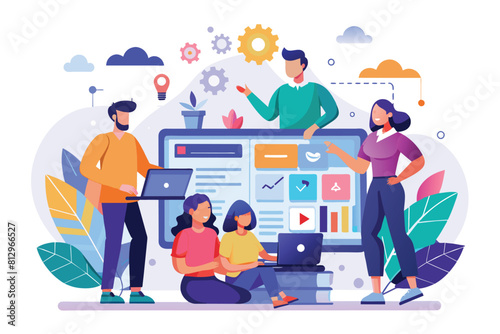 A team of individuals gathered around a computer screen, discussing a customizable UI/UX design, Ui-ux team Customizable Semi Flat Illustration
