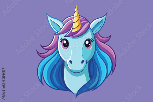 A blue unicorn with a pink mane and a yellow horn standing, Unicorn head Customizable Disproportionate Illustration