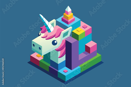 Isometric illustration of a vibrant unicorn with a lengthy horn perched atop a building, Unicorn head Customizable Isometric Illustration